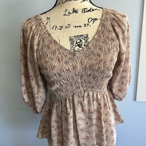 Bohme‎ Pink Smocked Peplum Blouse with 3/4 Puff Sleeves